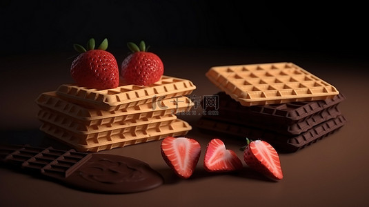 美味佳肴脆皮威化巧克力草莓和香草美食的 3D 渲染
