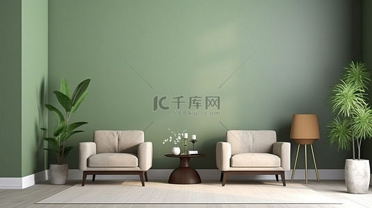 客厅的 3D 渲染，配有绿色墙桌椅和家居室内模型中的装饰