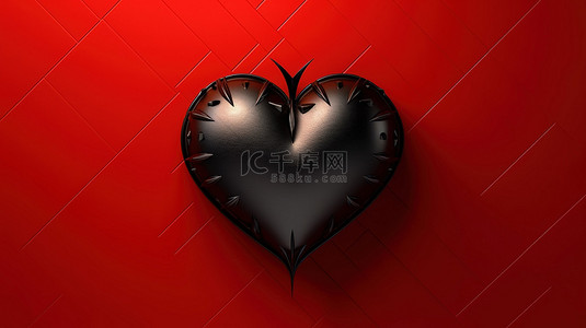 深红色背景下的黑暗心脏象征着 3D 呈现的令人沮丧的情人节