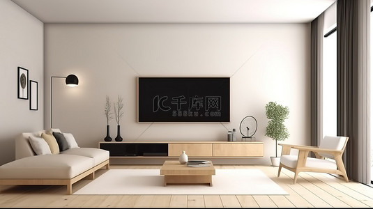 简单客厅背景背景图片_带木制电视柜和相框的简单客厅的 3D 渲染