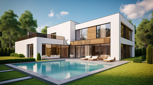 现代豪宅的想象视角，拥有青翠的草坪和令人惊叹的游泳池