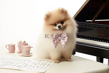 领结背景图片_钢琴附近戴着领结的小博美犬