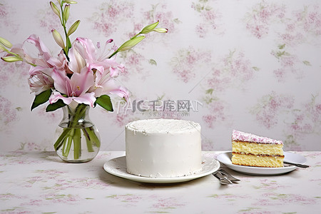 蛋糕放在鲜花旁边的桌子上