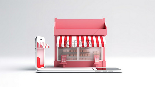 手机店铺背景图片_白色背景上带有抽象手机的大型在线购物中心的 3D 渲染