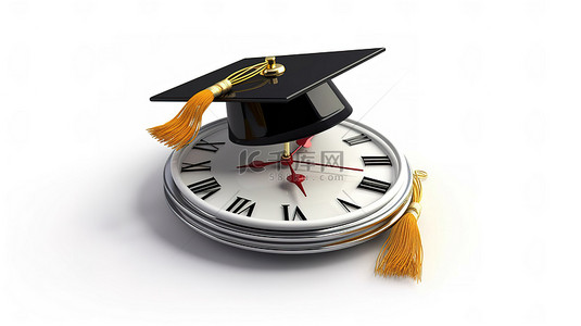 解锁成功毕业帽和现代时钟作为白色背景 3D 渲染的关键
