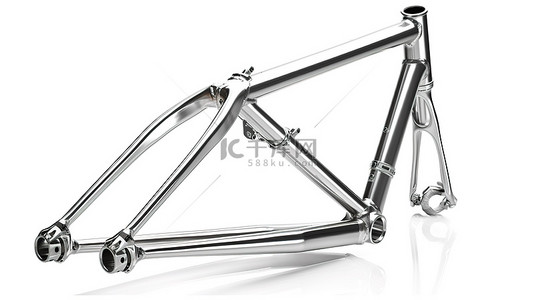 具有白色隔离背景的闪亮镀铬自行车车架的 3D 渲染