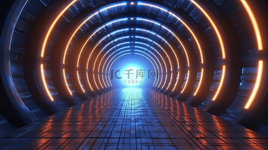 高科技隧道带有移动灯的未来派走廊的抽象 3D 渲染