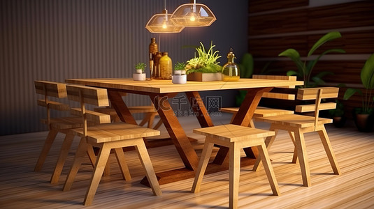 3D 渲染木制餐桌椅设计