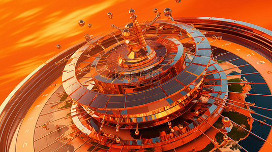 3D 轮盘赌轮和老虎机，配有飞行骰子优惠券芯片和王牌，在橙色背景下环绕地球