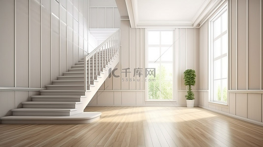 带楼梯的无人房间的 3D 渲染