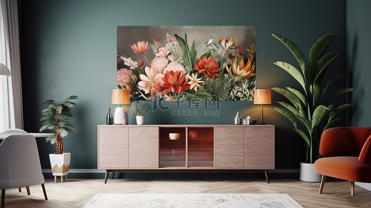 墙绘3d背景图片_花绘餐边柜和茂盛的植物提升了客厅内部的3D渲染效果