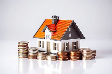 房地产投资信托基金背景图片_白色表面上的房地产模型房子和硬币
