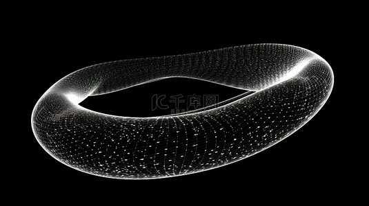 带有未来派动态线框圆环的黑色背景通过 3D 渲染说明科学数据流