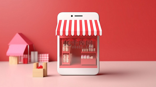 网店设计背景图片_具有商店在线应用程序概念的 3D 渲染智能手机上的折扣销售横幅网站设计