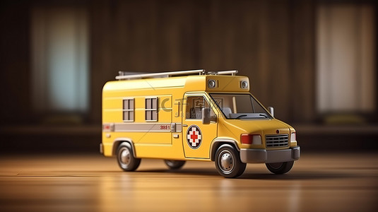 木桌上救护车的 3D 渲染，非常适合医疗和保健概念
