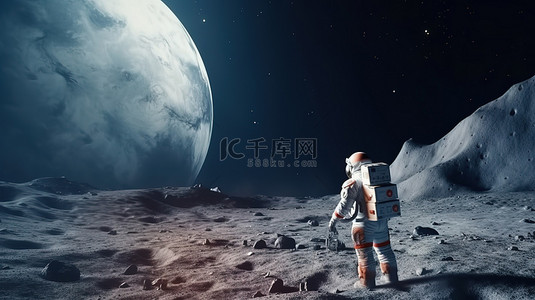 月球表面背景图片_3D 渲染的抽象太空壁纸，以月球上的宇航员为特色