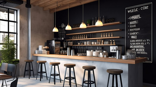 咖啡背景图片_带横幅和菜单样机的咖啡店酒吧建筑设计的 3D 插图