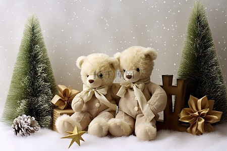 两只泰迪熊坐在雪地里的一根木头上