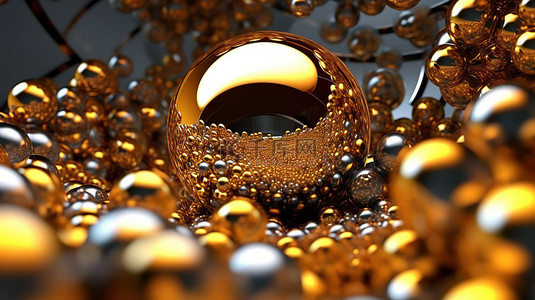 金属艺术品背景图片_闪闪发光的金属球体与发光的玻璃球和金色形状的 3D 未来派艺术品