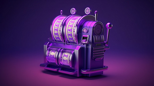 紫色背景上带有免费旋转芯片的赌博概念 3d 老虎机优惠券的设计