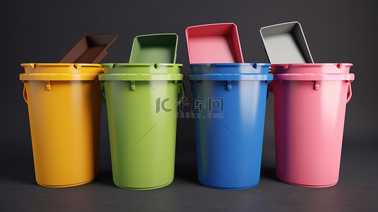 用于分类废物处理的充满活力的回收箱的 3D 插图