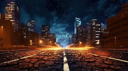 夜间城市景观的 3D 插图，摩天大楼空荡荡的道路和星空下发光的路灯