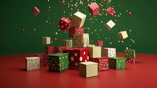 红带背景图片_圣诞节和新年概念绿色背景，带有浮动丝带和带点图案的红色白色和金色礼品盒的 3D 渲染