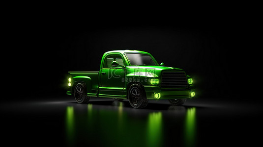 3d 渲染黑色背景与绿色皮卡车
