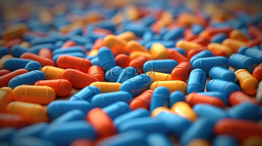 工厂中生动的蓝色和橙色医用胶囊药丸堆近距离 3D 渲染