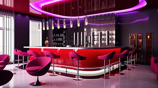 现代别致的餐厅内部设有 3D 渲染的红色和紫色吧台