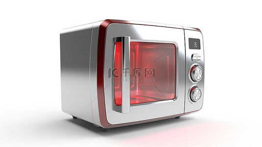 现代银色微波炉，带有红色金属保修盾，白色背景，采用 3D 渲染创建
