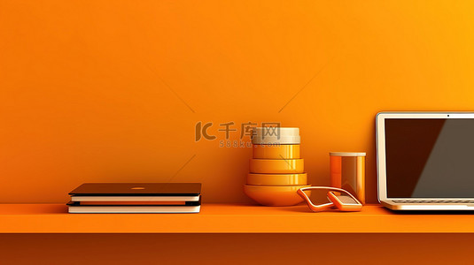 移动办公背景图片_橙色办公桌上数字平板电脑和手机的 3D 插图