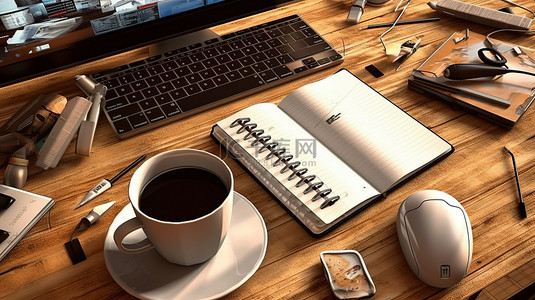 桌面背景咖啡背景图片_工作空间必需品鸟瞰笔记本笔键盘耳机和木桌上的咖啡杯，以 3D 渲染