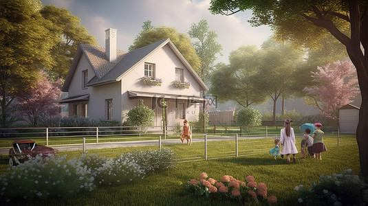 一家人和孩子一起享受 3D 渲染的房子和花园