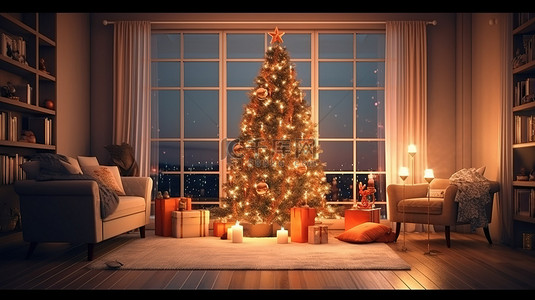 夜间节日客厅派对的 3D 渲染，其中有圣诞树和堆在下面的礼物