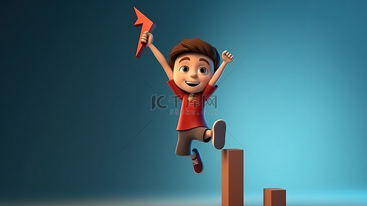 一个跳跃的孩子的卡通插图，旁边是一个向上的箭头，象征着成功，文本区域为空白