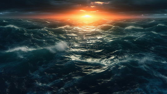 顶视图 3D 插图，描绘了暴风雨深蓝色海洋，带有橙色的夕阳光芒