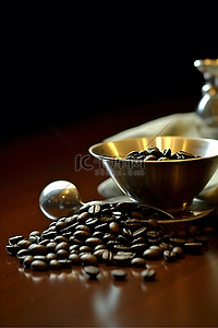 一张桌子，上面放着咖啡豆