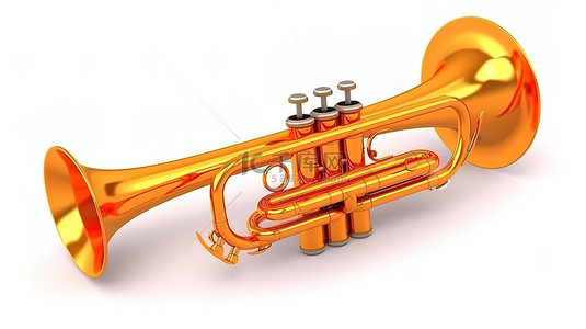 白色背景上橙色金色小号乐器的卡通风格 3D 渲染