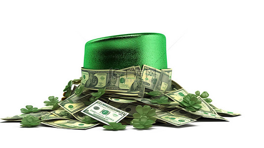 背景精灵背景图片_圣帕特里克节庆祝活动 3D 渲染绿帽和干净背景上的金钱