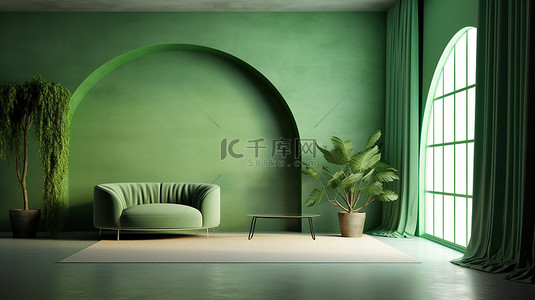 厂房背景图片_现代孟菲斯室内的 3d 渲染，以绿色墙壁和窗帘背景为特色