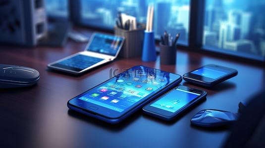 蓝色办公桌上数字平板电脑和手机的 3D 插图
