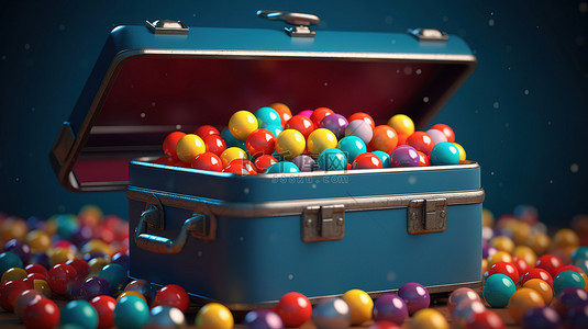 蓝色背景 3d 渲染上围绕工具箱的彩色球