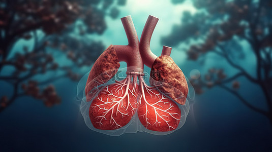 油脂阻塞背景图片_带有心脏符号的 3D 渲染肺部插图，用于肺部疾病概念