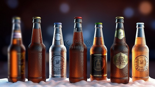 冰冷的显示 3D 渲染和冰上啤酒瓶和杯子的插图