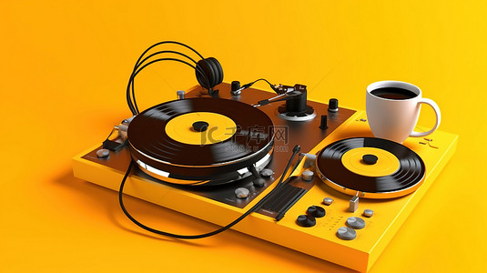 玩大转盘背景图片_带有耳机和咖啡杯的 dj 转盘在充满活力的黄色背景上的 3D 渲染