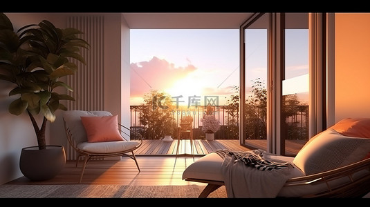 公寓或酒店室内设计效果图，设有舒适的客厅和阳台