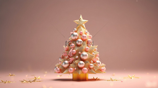 冬天松树背景图片_粉红色和金色圣诞和新年松树装饰品的 3D 渲染