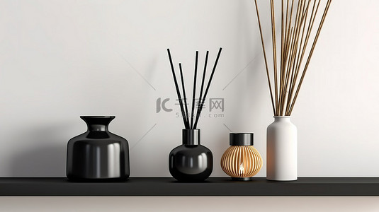 黑色火背景图片_芳香疗法家居装饰木架，白色桌子上靠墙 3D 渲染，配有黑色香薰蜡烛和芦苇扩散器
