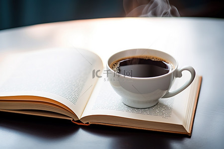 咖啡杯放在一本打开的书旁边